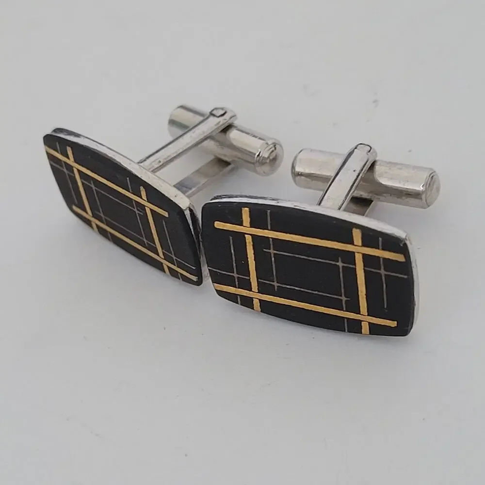 Silver Gold Black Hematite Rectangle GeometricCufflinks Retro Mid Century Modern